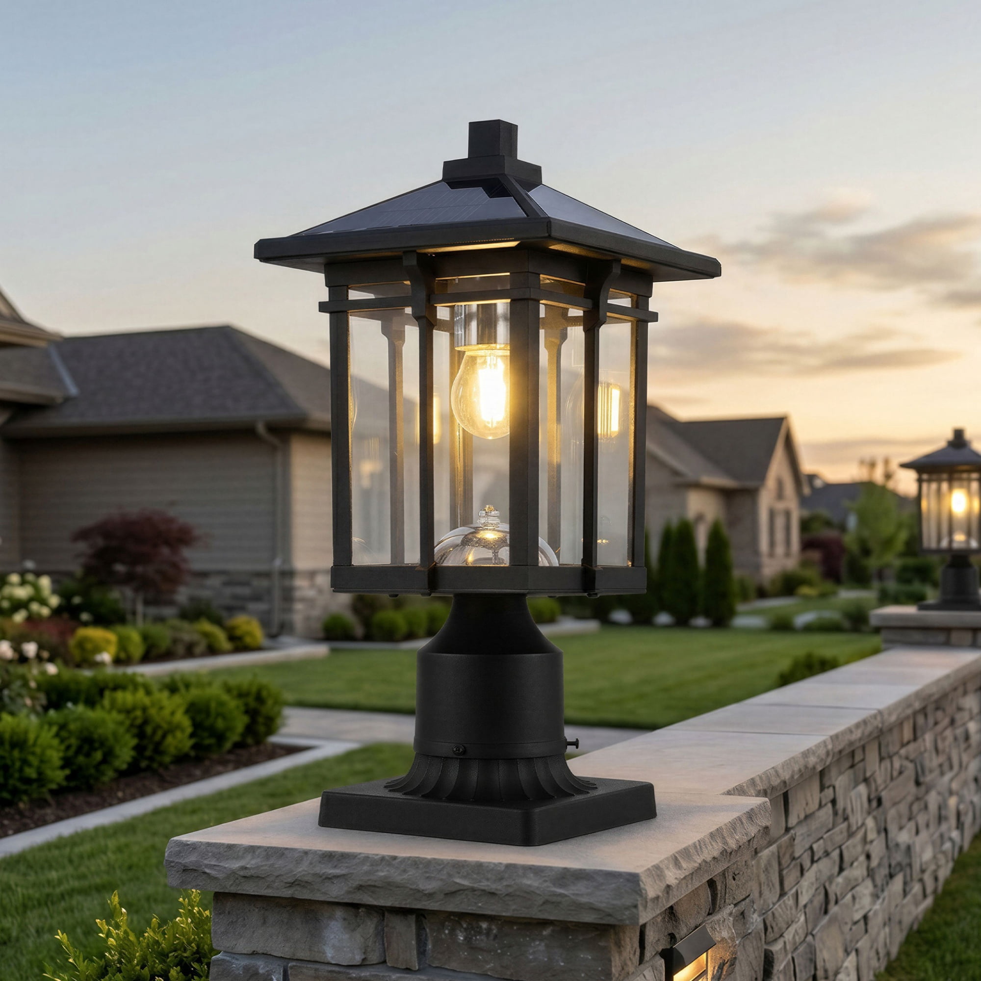 Solar Powered Post Light with Dusk to Dawn Sensor and Pier Mount Base, Outdoor Lamp for Garden and Pathway, Black