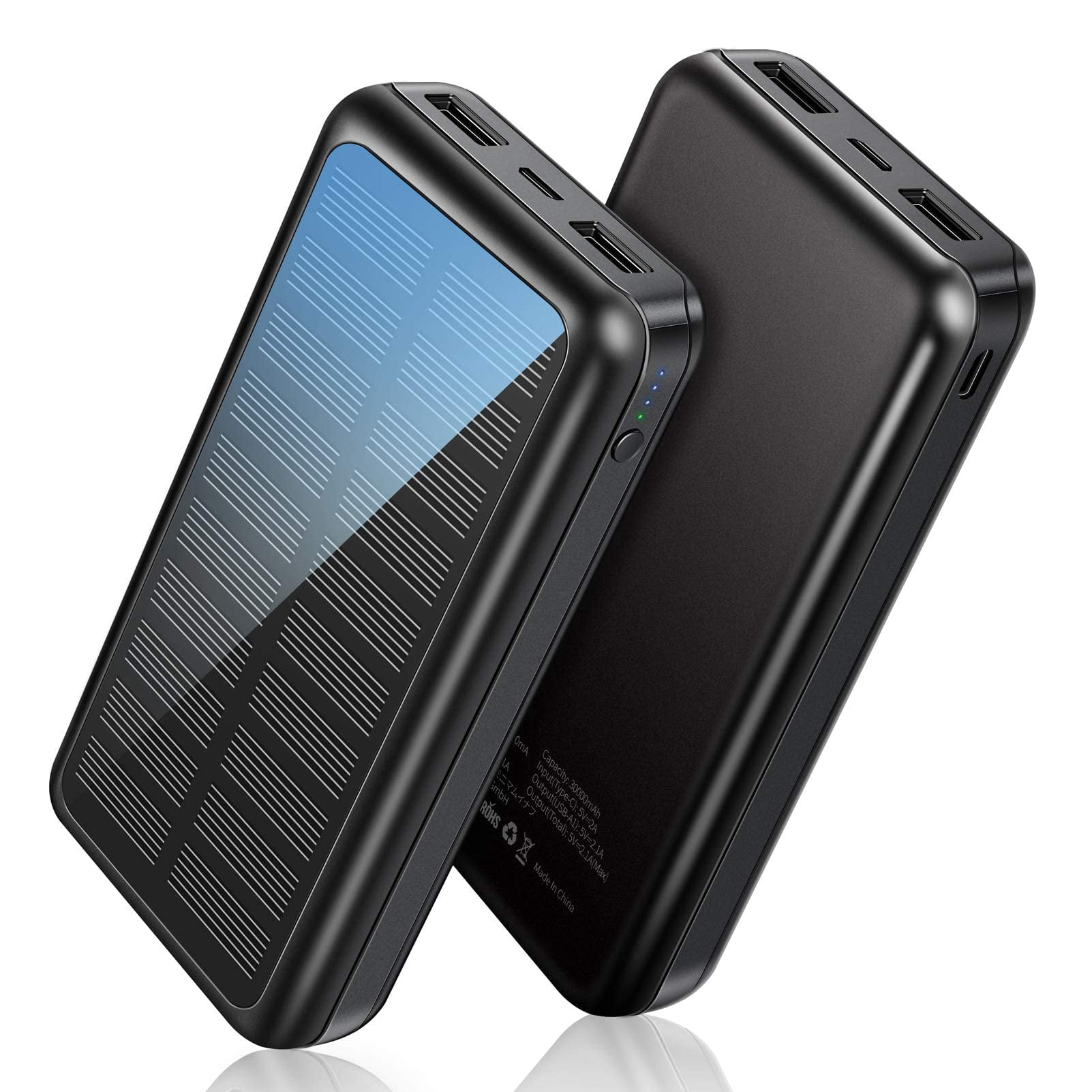 Solar Powered Power Bank - 30000mAh Portable Solar Charger, 2 USB Ports High-Speed Panel External Battery Packs Solar Portable Power Bank for iPhone, Android and More|Solar Powered Portable Power Bank