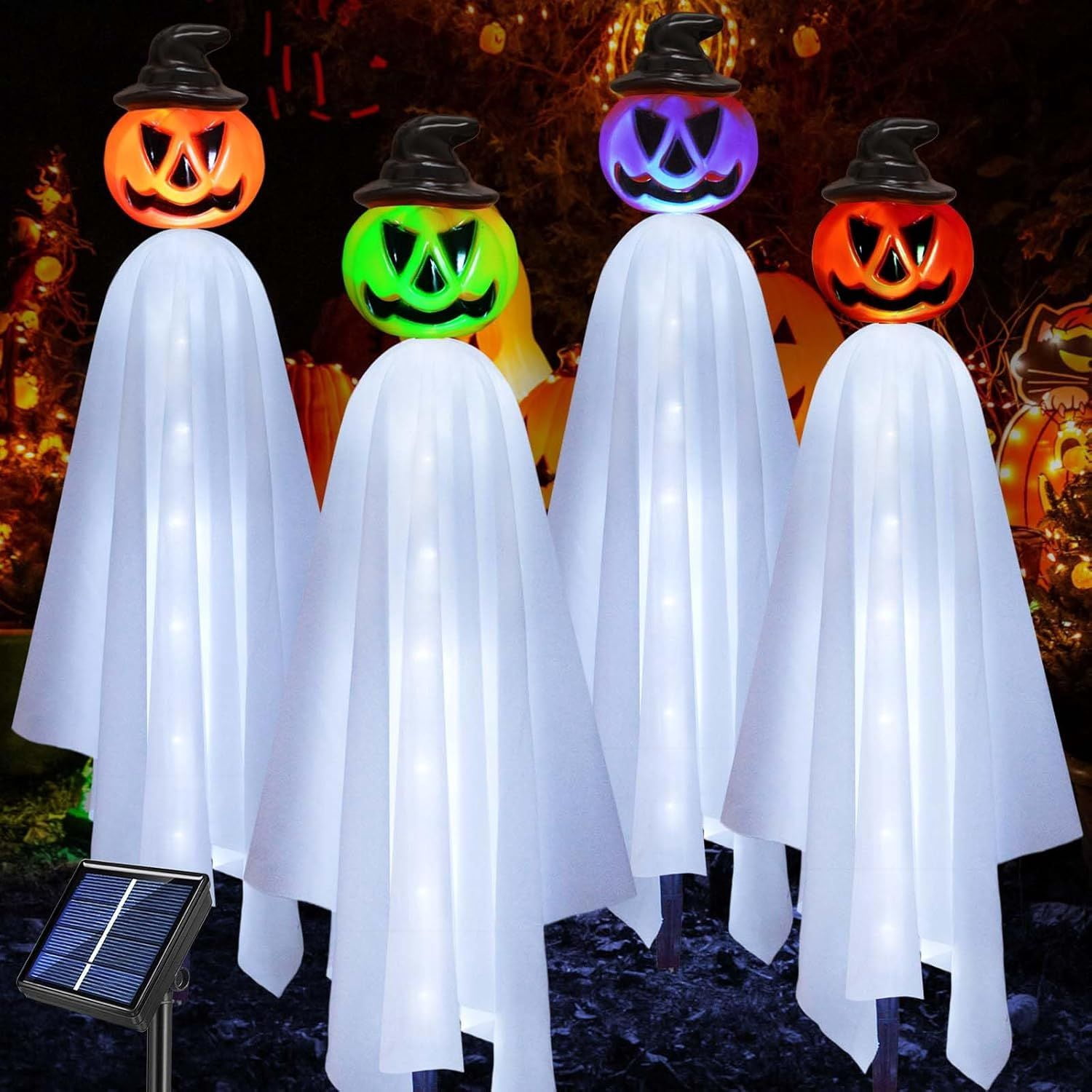 Solar Powered Pumpkin Ghost Lights for Halloween Outdoor Yard Decor