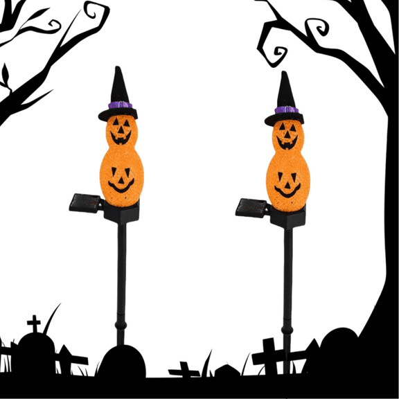 Solar - Powered Pumpkin Lantern 2025 Halloween Decoration Lights - Cute Double - Pumpkin Design with Witch Hat, Waterproof & Solar - Charged(2PCS)