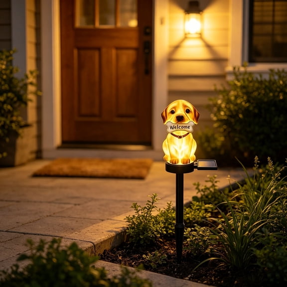 Solar Powered Puppy Resin Ground Light, Waterproof LED Outdoor Dog Garden Stake Light with Cute Puppy Figurine Design, Perfect Yard, Lawn, Patio, Pathway and Flower Bed Decor