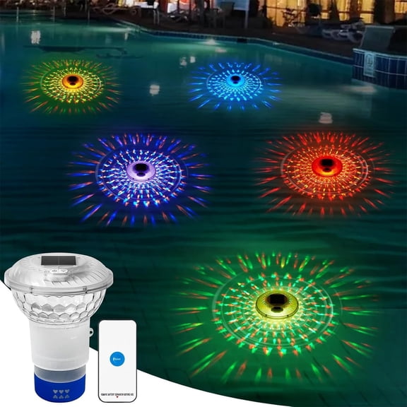 Solar Powered RGB Floating Pool Lights, Remote Controlled Projection Night Light for Water Outdoor Use, Waterproof Foldable Design Dynamic Light Lamp with IR Remote for Pools Ponds and Garden Decor