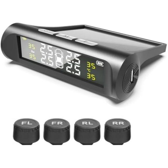 Solar-Powered RV, Trailer TPMS with 4 Sensors & LCD for Live Tire Pressure Temp, Tire Pressure Monitoring System, Camping Trailer Accessories, USB Charging, TPMS Sensors Set of 4(*a)