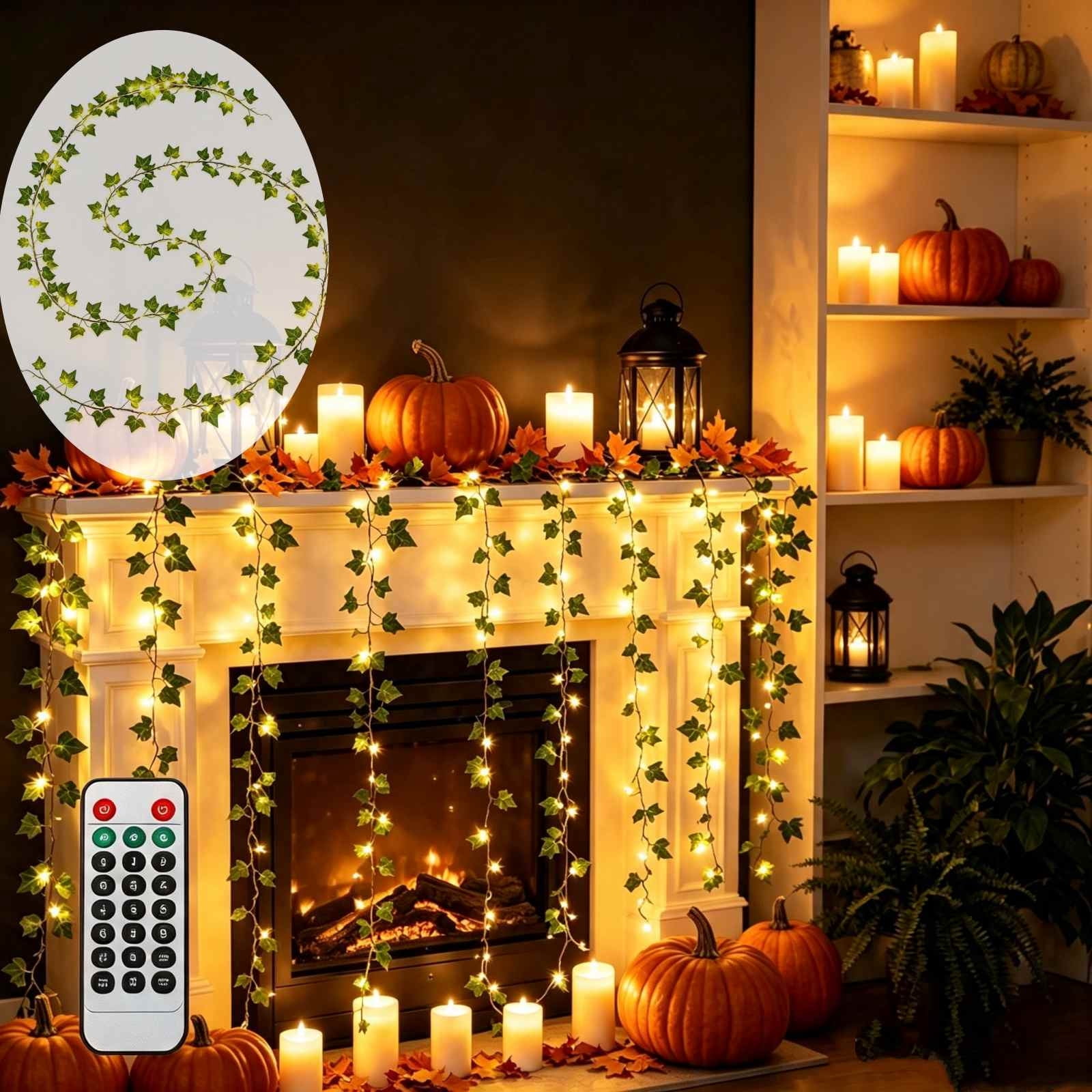 Solar Powered Rattan String Lights with Artificial Ivy Leaves Outdoor Indoor - 50 LED 16.4ft Vine Fairy Lights for Bedroom Wall Patio Thanksgiving Christmas Holiday Decor