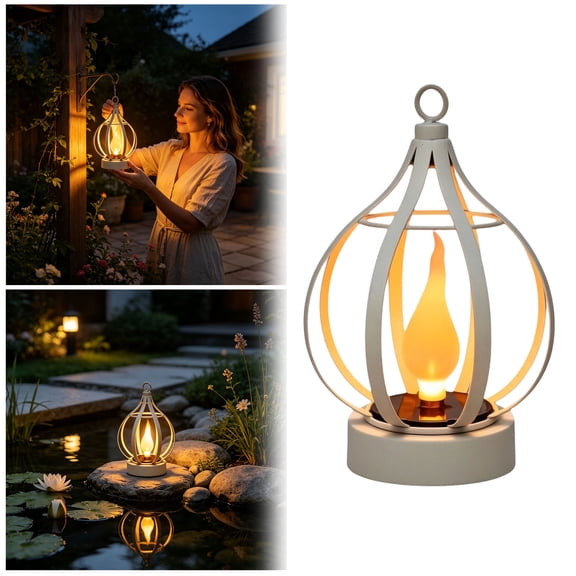 Solar Powered Realistic Flame Garden Light, Metal Frame Auto On/Off Outdoor Hanging LED Lantern for Backyard Pathway
