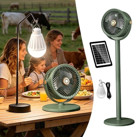 Solar Powered Rechargeable Standing Air Circulator Fan, Dual Solar & USB Charging Portable Fan with Hanging LED Light for Camping Patio Outdoor Home