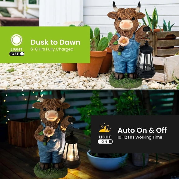 Solar Powered Resin Cow Garden Statue with Lantern, Cartoon Bull Figurine for Patio and Balcony, Weatherproof Outdoor Night Light for Courtyard Terrace