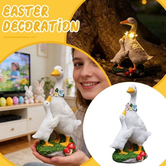 Solar-Powered Resin Duck Easter Figurine - Spring Decorations Easter Decorations Mother & Duckling Garden Statue for Patio Balcony Holiday Festive Lighting Decor (White)