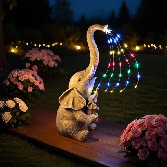 Solar-Powered Resin Elephant Garden Statue with Warm LED Glow – Weatherproof Landscape Accent, Animals Statue Garden Landscapes Light, Yard Decor