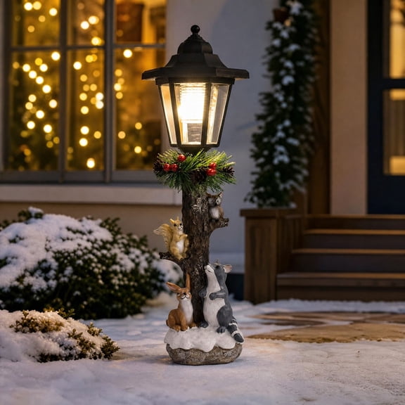 Solar Powered Resin Garden Statue Lamp, Christmas Forest Street Post Light with Raccoon Owl, Outdoor Yard Patio Holiday Decoration