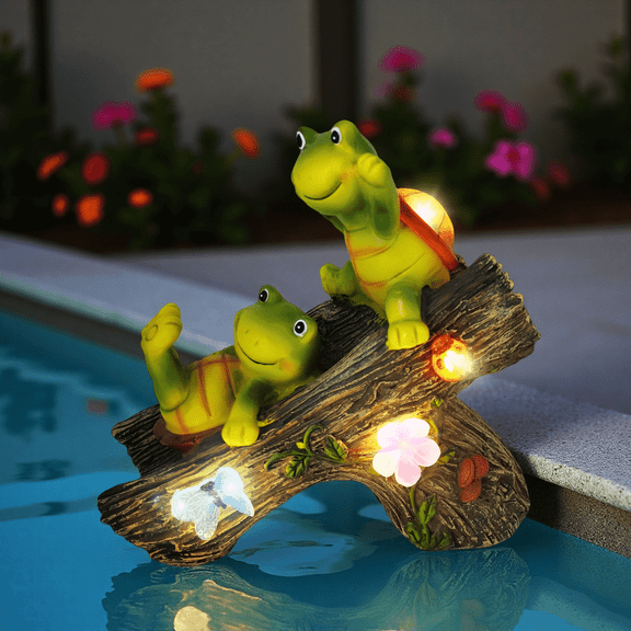 Solar-Powered Resin Garden Turtle Statue Whimsical Animal Outdoor/Indoor Decor with LED Light for Patio, Lawn, Porch, Yard, Thanksgiving Decorations