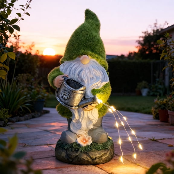 Solar Powered Resin Gnome Garden Light With Green Finish Outdoor Yard Decor 1 Count