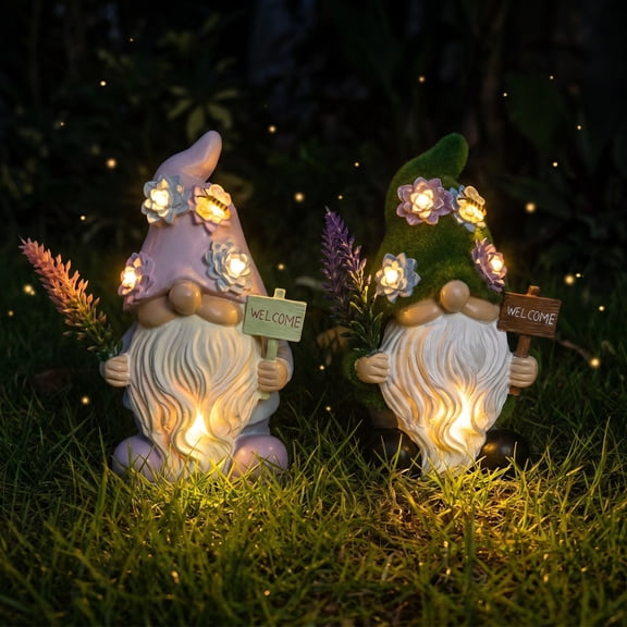 Solar‑Powered Resin Gnome Garden Ornament With Flower‑shaped LED Hat, Waterproof Hand‑crafted Faceless Dwarf Statue For Backyard Porch Lawn Balcony Spring‑themed outdoor decor