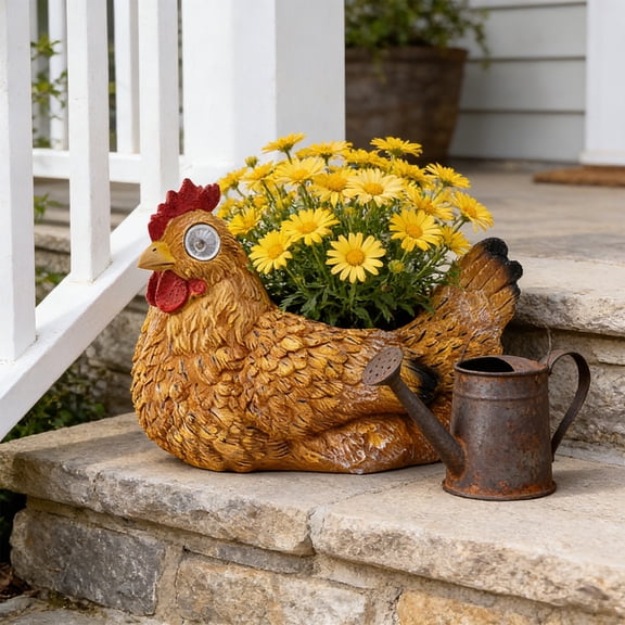 Solar Powered Resin Hen Garden Statue with Glowing Eyes, Outdoor Yard Decor, Bonsai and Landscape Ornament, Weatherproof Patio and Flower Bed Decoration Gold