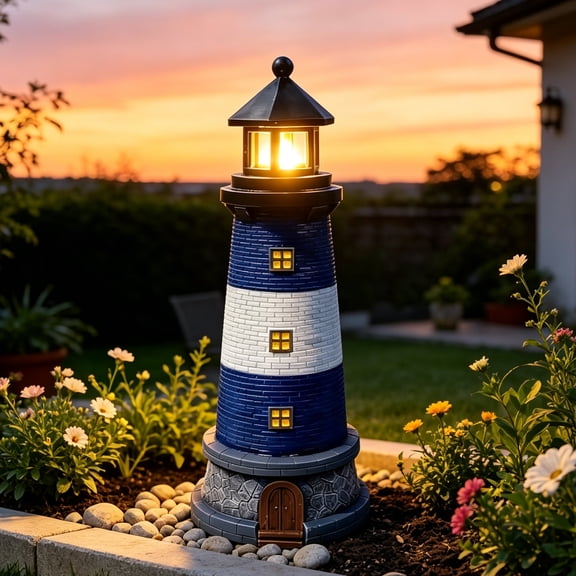Solar Powered Resin Lighthouse Decor Light Weatherproof Nautical Statue Lamp, Nautical Home Decor for Tabletop Coastal Yard Ornament