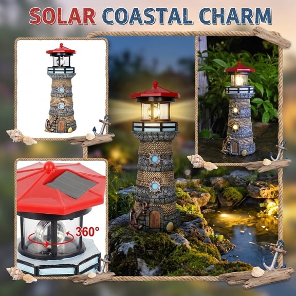 Solar Powered Resin Lighthouse Garden Light with 360° Rotating Lamp, Waterproof LED Decorative Landscape Light for Outdoor Patio, Pathway & Yard Decor