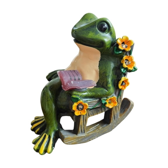 Solar Powered Rocking Chair Frog Figurine Hand Painted Resin Statue Reading Book with Yellow Flower for Patio Yard Garden Art Decor 3.9in