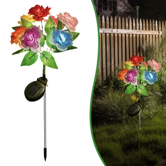 Solar Powered Rose Flower Stake Lights, Color Changing LED Garden Floral Pathway Lamp, Outdoor Decorative Flower Light Stakes, Yard Landscape Lighting, Realistic Artificial Rose Solar Ornament