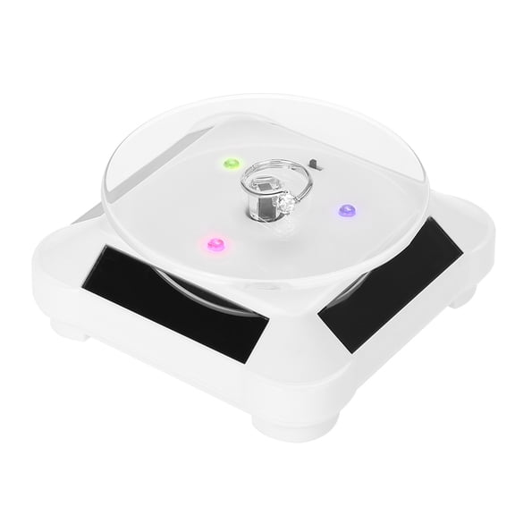 Solar Powered Showcase 360 Degree Rotating Turntable Watch Phone Jewelry Display Stand with Colorful LED Lights, 3.54 inches / 9 cm Diameter, Eco-Friendly Exhibition Base - White Finish
