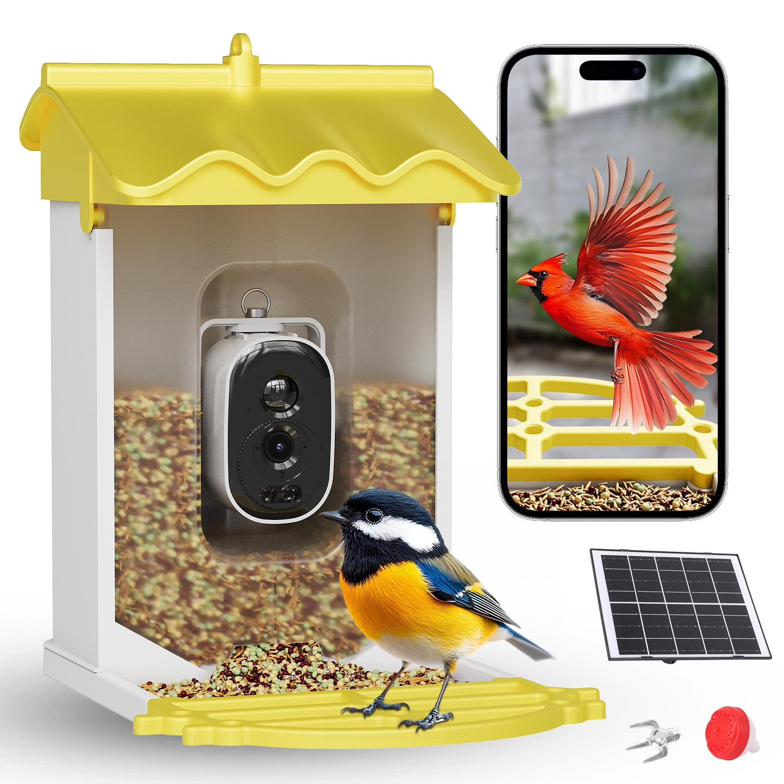 Solar-Powered Smart Bird Feeder with 4K Camera, AI Bird Recognition, Night Vision, App Alerts, Auto Recording, Squirrel Proof, Outdoor Wildlife Monitor, Yellow