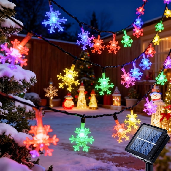 Oziral Christmas Lights Outdoor 60 LED 26 FT Colorful Solar battery operated snowflake lights for Xmas Bedroom as christmas decorations in Party,8 Modes