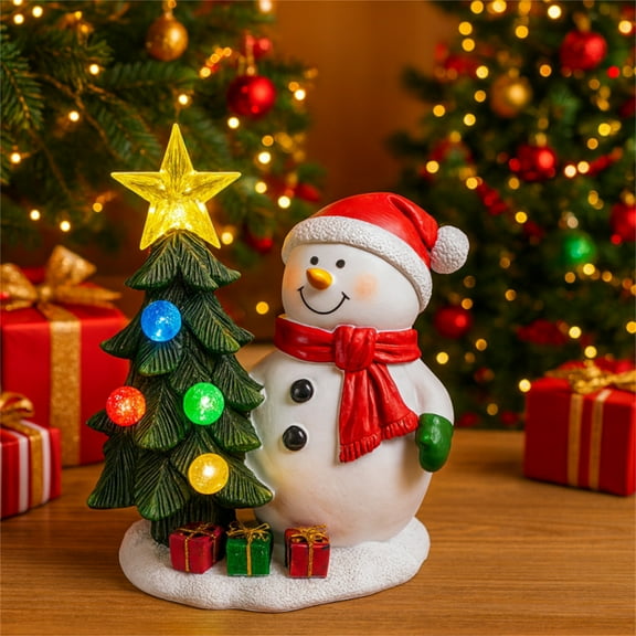 Solar Powered Snowman Christmas Tree Lamp with Resin Ornament, Cross Border Hot Mining Design Outdoor and Indoor Christmas Decor, Holiday Night Scene and Festive Lighting,As shown