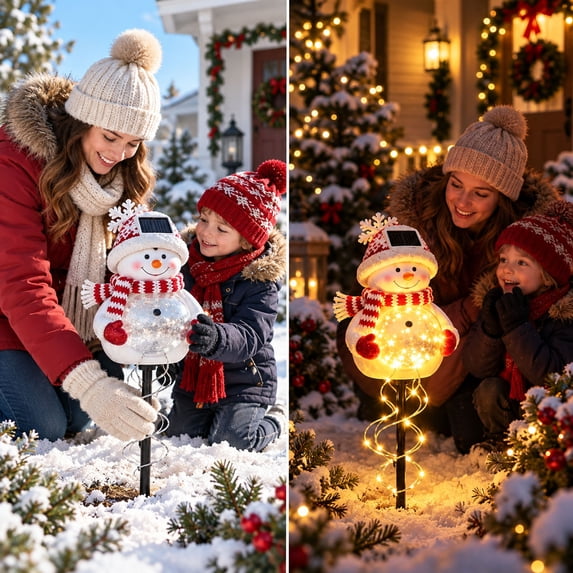 Solar Powered Snowman Magic Fountain Christmas Garden Stake Light with Flowing LED, Waterproof Resin Snowman Figurine, Outdoor Yard Decoration for Garden, Lawn, Pathway, Patio and Christmas Display