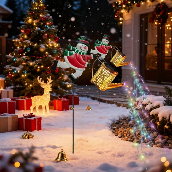 Solar-Powered Snowman Watering Can Garden Lights - Resin Patio Grass Lamp, Energy-Efficient Solar Panel, Warm Ambience for Garden Yard Holiday Decor, Cute Snowman Solar Lights, 3.94*4.72*9.06in, B