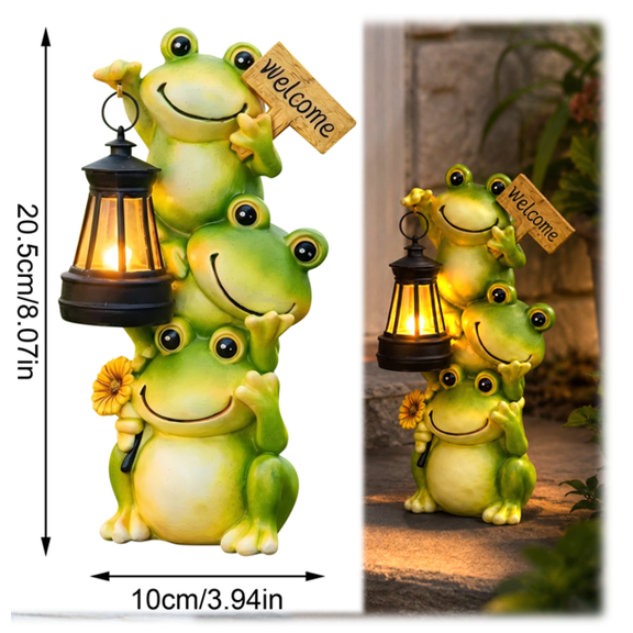 Solar Powered Stacked Three Frog Garden Statues Light, Outdoor Resin Frog Statue with Solar Lantern, Garden Yard Lawn Patio Decoration