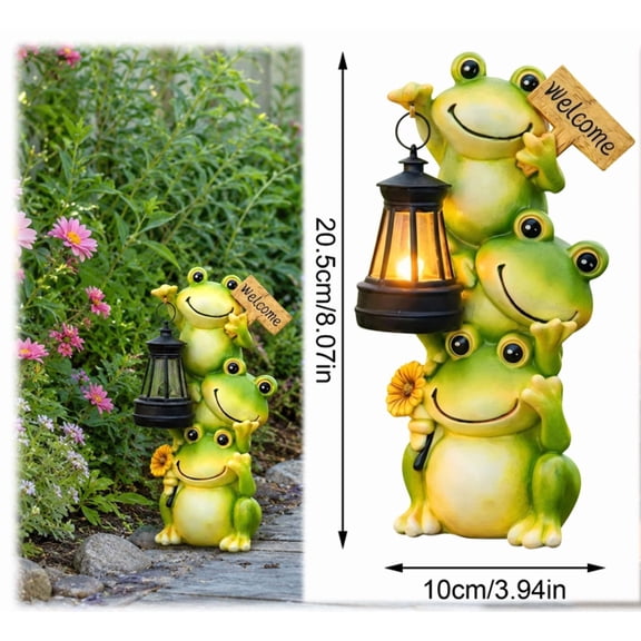 Solar Powered Stacked Three Frog Garden Statues Light, Resin Frog Garden Decor with LED Lantern, Housewarming Mother's Day Gift for Patio Yard