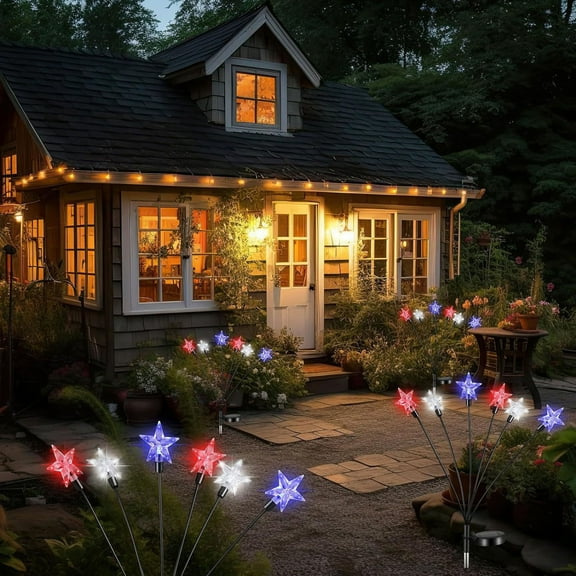 Solar Powered Star Ground Plug Light, 6-LED Red White Blue Patriotic Stake Light, 4th of July Waterproof Outdoor Garden Courtyard Decor for Independence Day