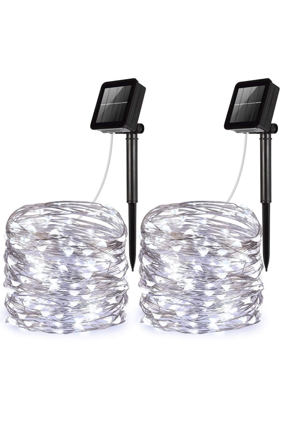 Solar Powered String Lights, 100 LED Copper Wire Lights, 33ft, Waterproof Fairy Lights for Indoor Outdoor Garden, Patio, Wedding, Party Decor, White Light  2 Pack