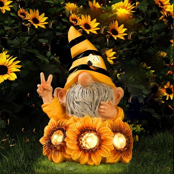 Solar Powered Summer Bee Gnome Garden Statue with Sunflower Resin Waterproof Outdoor Figurine Light Funny Yard Patio Lawn Decoration Gift for Mom Family & Friends