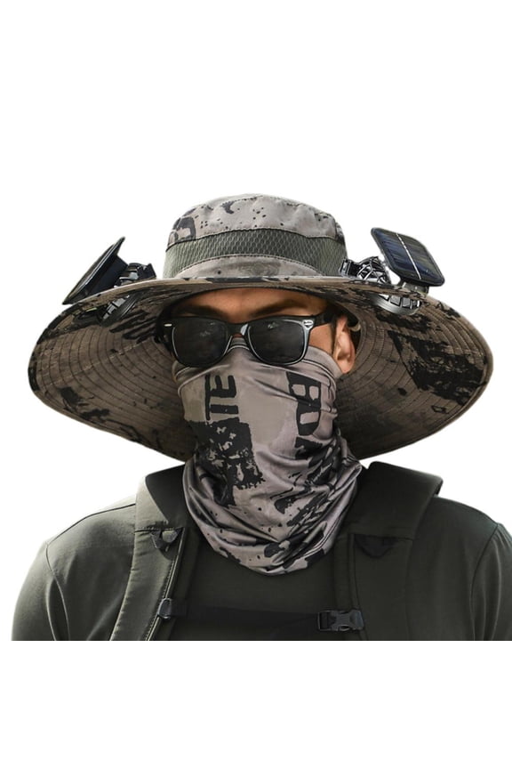 Solar Powered Sun Hat with Dual Cooling Fans, USB Rechargeable Wide Brim Fishing Hat, Water-Repellent UPF 50+ Safari Cap for Hiking, Gardening & Outdoor Work, Khaki