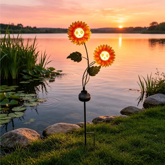 Solar Powered Sunflower Ground Stake Light, Adjustable Expression Outdoor Garden Decor Lamp, Waterproof Pathway Light for Yard Patio Lawn Landscape
