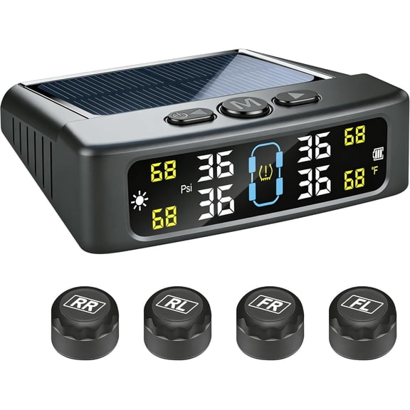 Solar Powered TPMS Tire Pressure Monitor System with 4 External Sensors, LCD Display for RV SUV Truck Trailer