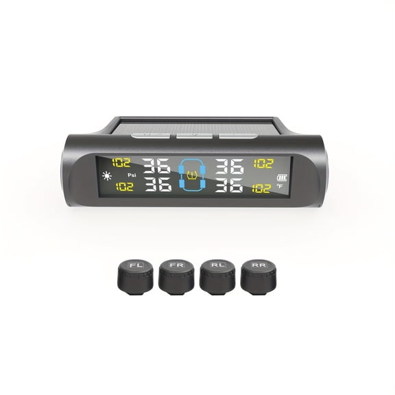 Solar Powered TPMS with USB Charging, 4 External Sensors, Real-Time Pressure & Temperature Alerts for SUV, MPV, Pickup, ORV, Low Battery Alert, Easy Installation