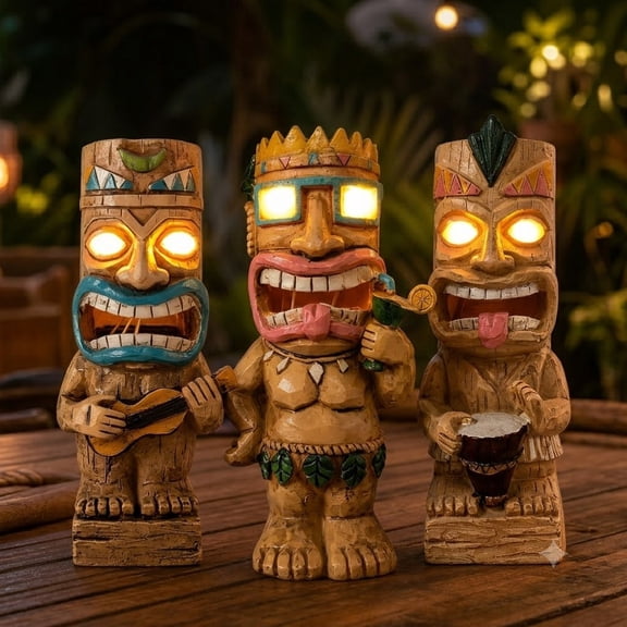 Solar Powered Tiki Bar Decor - LED Light Up Hawaiian Totem Statue, Waterproof Resin Outside Figurine for Backyard Poolside