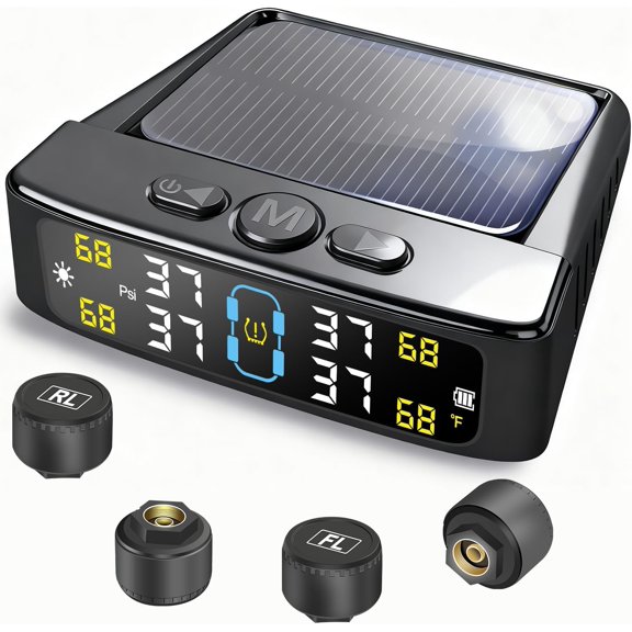 Solar Powered Tire Pressure Monitoring System with 4 External Sensors LCD Real-Time Display Auto On/Off 6 Alarm Modes 0-88PSI TPMS for RV SUV Truck Trailer