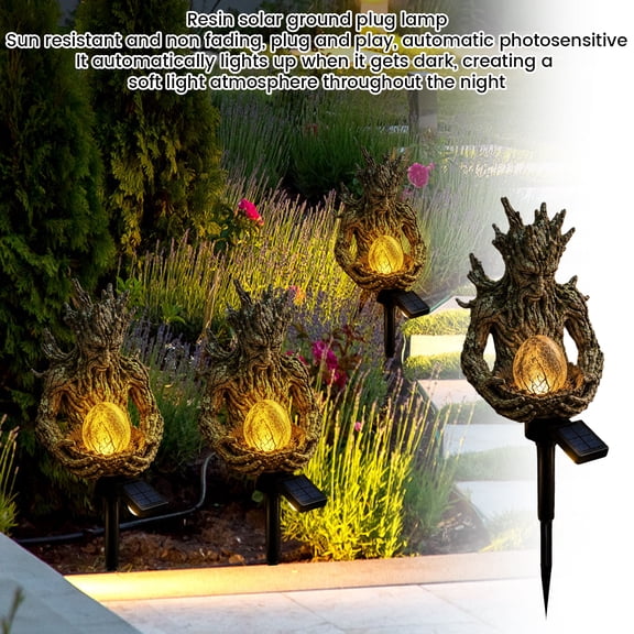 Solar Powered Tree Stake Garden Light, Resin Tree Figurine with Crackle Glass Egg Warm LED, Waterproof Outdoor Decorative Lamp for Yard, Patio, Pathway & Garden