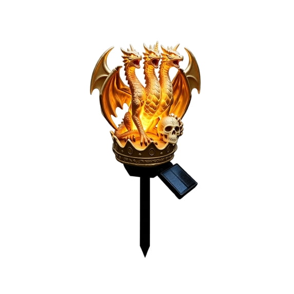 Solar Powered Triple Head Dragon Stake Light, Golden Crown Hydra Dragon Skull Figurine Outdoor Yard Halloween Path Decor