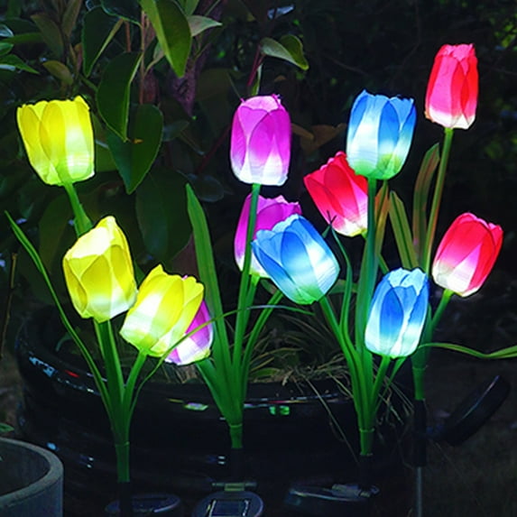 Solar Powered Tulip Flower Lights 4 Colors LED Waterproof Decoration Lights Holiday Xmas Decorations for Landscape Yard Patio Walkway, Blue 4Pcs