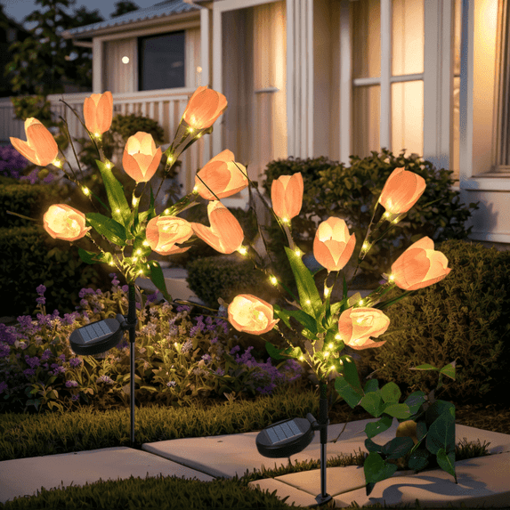 Qoosea Solar Lights Outdoor Patio Garden Decor, 2 pack Tulips Solar Flowers Lights Outdoor Garden Waterproof Decorative 7 Heads LED for Lawn Backyard, Birthday Gifts for Women