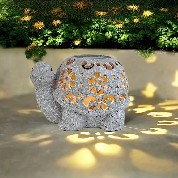 Solar-Powered Turtle Garden Light - Rustic Resin Statue w/Flower Cutouts - Outdoor Decor for Yard, Patio - Perfect Mother’s Day Gift