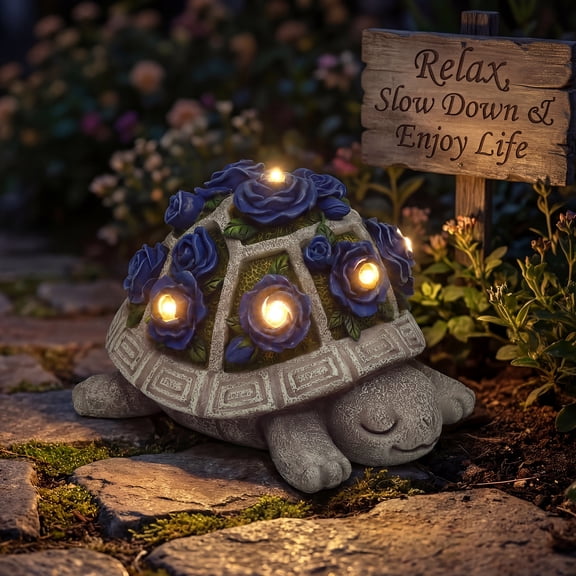 Solar Powered Turtle Garden Statue with Blue Roses & 7 LED Lights, Outdoor Lawn Yard Patio Backyard Decor Gift