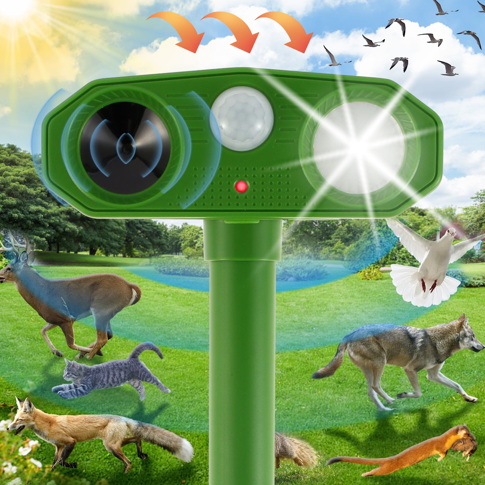 Solar Powered Ultrasonic Animal Repeller 1200mAh Rechargeable Outdoor