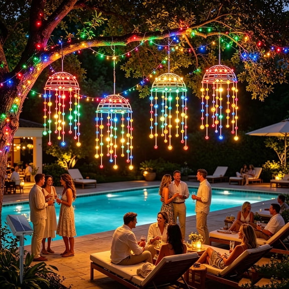 Solar Powered Umbrella Shaped Cascading String Lights, Multi Color LED Waterfall Fairy Light with Hanging Bead Tassel for Outdoor Patio Yard Tree Garden Wedding Holiday Backyard Decor Lighting