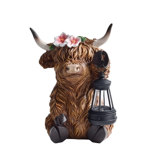 Solar Powered Upland Cattle Figurine Statue Miniature Cute Decorative LED Light Whimsical Ornament Lamp