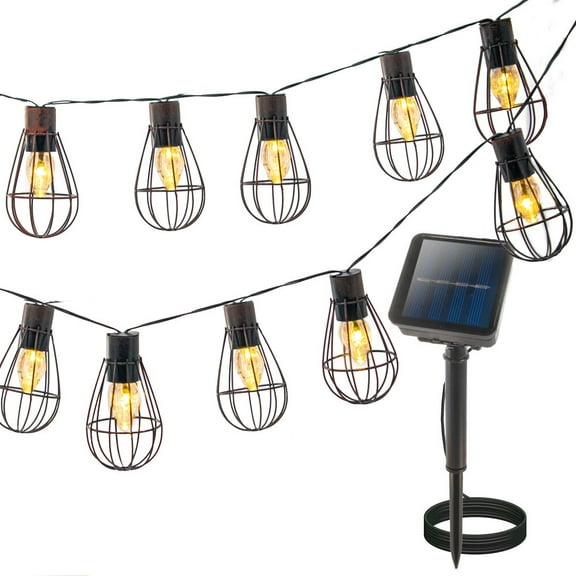Solar Powered Vintage String Lights - 10 LED Bulbs, IP67 Waterproof Metal Cage for Outdoor Ambiance