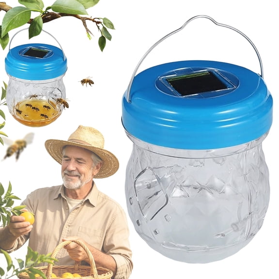Solar Powered Wasp Trap, Hanging Mason Jar Bee Catcher, Outdoor Reusable Hornet Trap, Waterproof Yellow Jacket Trap, Solar LED Insect Catcher for Garden Yard Patio Orchard Pest Control